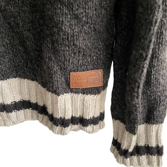 ROOTS CABIN Men’s Wool Chunky Knit Pullover Sweater Elbow Patches Black Grey M - Picture 3 of 8